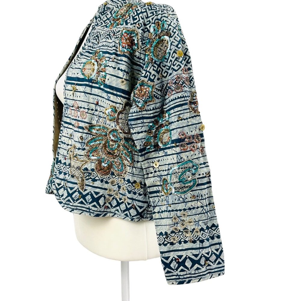 CHICO'S Blue Open Front Jacket Sequined and embroidered  Size 0